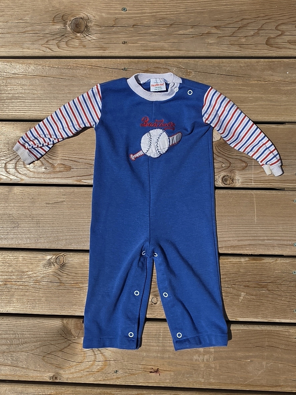 Vtg 70s Blue Baseball Boys Romper Onesie By HealthTex 24 months Long Sleeve